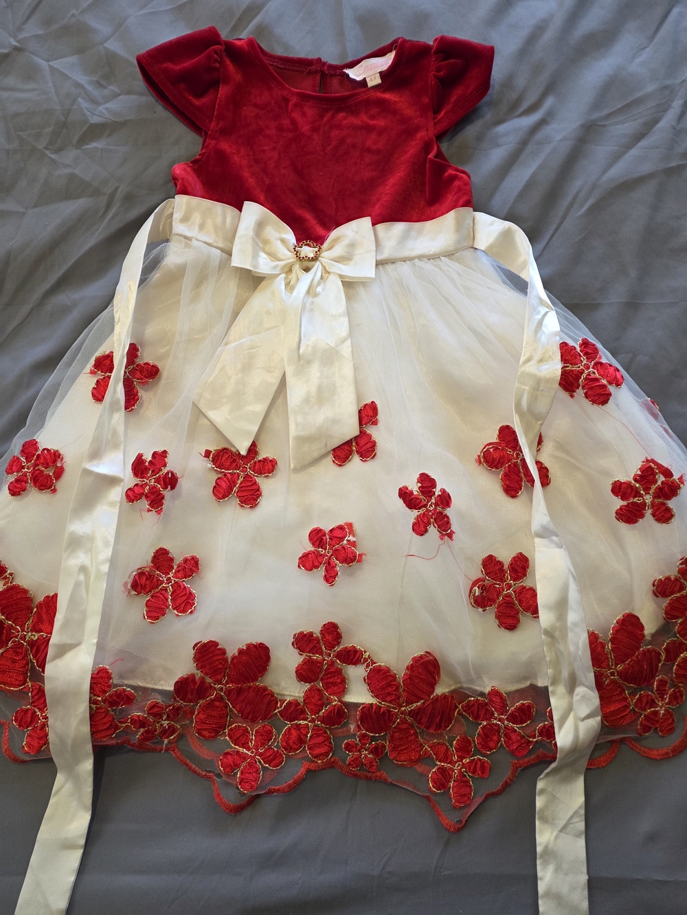 Red & White Floral Tulle Flower Girl Dress